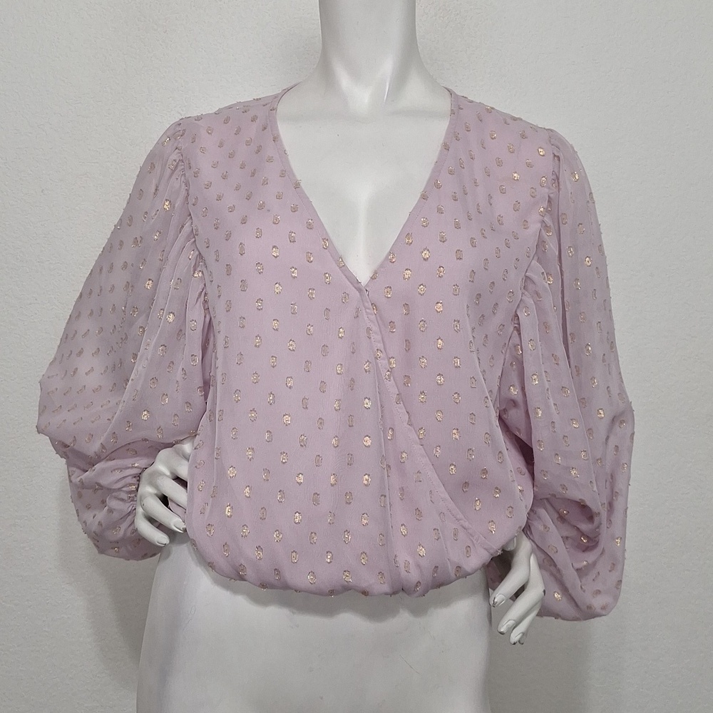 Q + A Coquette Lavender Gold Balloon Sheer Sleeve Cottagecore Crop Top Size L